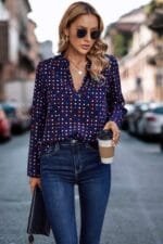 Polka Dot Puff Sleeve Notched Neckline Blouse