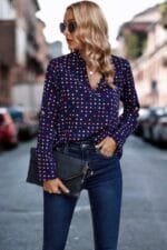Polka Dot Puff Sleeve Notched Neckline Blouse