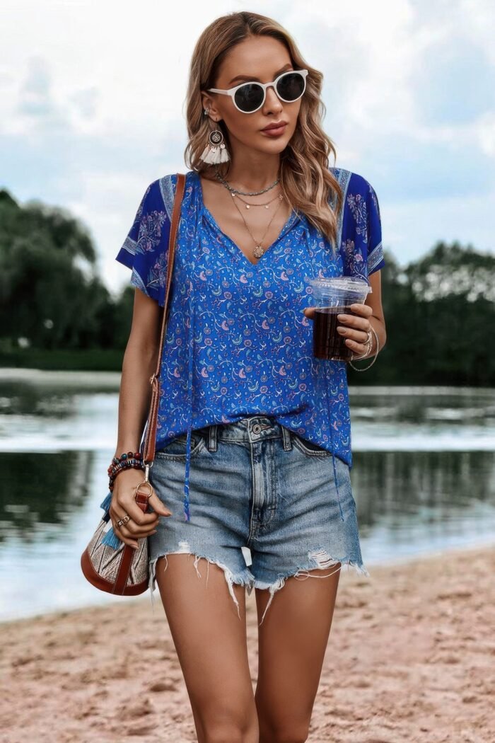 Boho floral print tie neck butterfly sleeve blouse - image 4