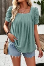 Square Neck Puff Sleeve Tunic Tops Eyelet Shirt - Image 2