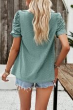 Square Neck Puff Sleeve Tunic Tops Eyelet Shirt - Image 3
