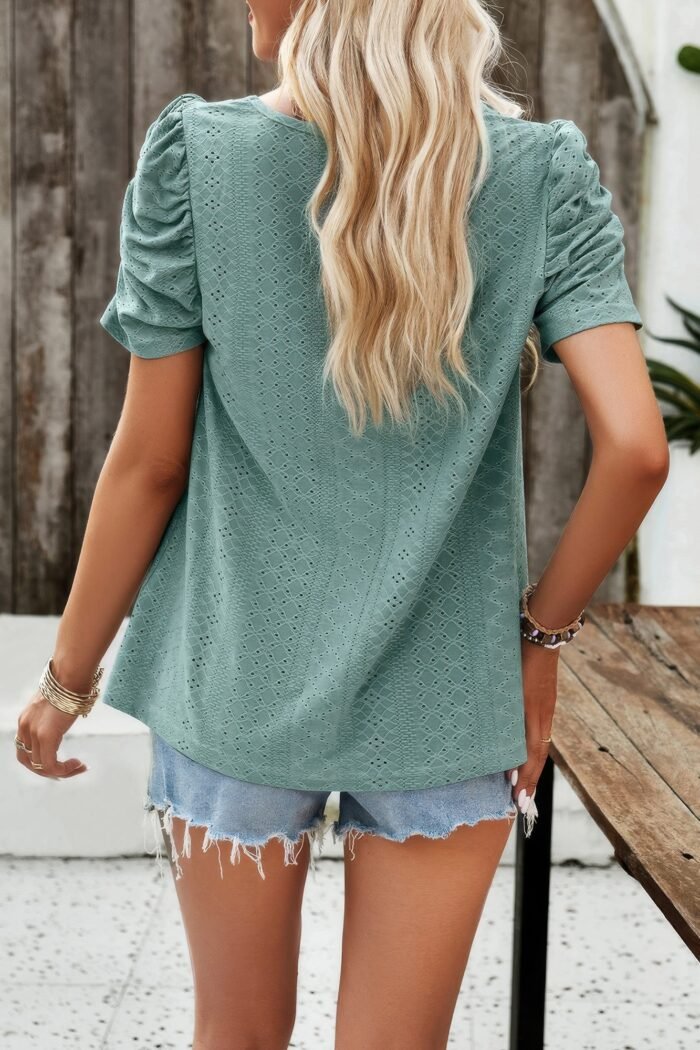 Square neck puff sleeve tunic tops eyelet shirt - image 3