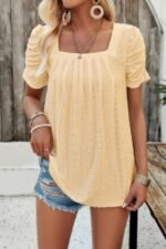 Square Neck Puff Sleeve Tunic Tops Eyelet Shirt - Image 4