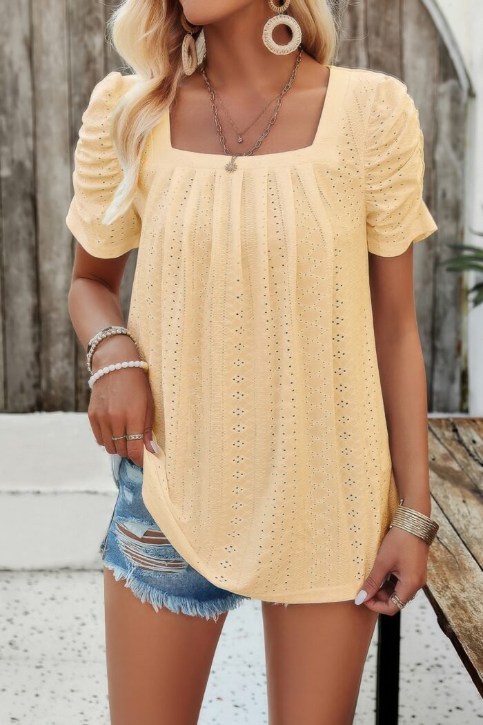 Square neck puff sleeve tunic tops eyelet shirt - image 4