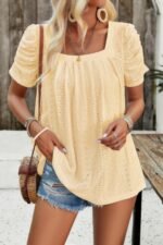 Square Neck Puff Sleeve Tunic Tops Eyelet Shirt - Image 5
