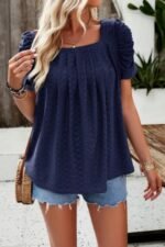 Square Neck Puff Sleeve Tunic Tops Eyelet Shirt - Image 6