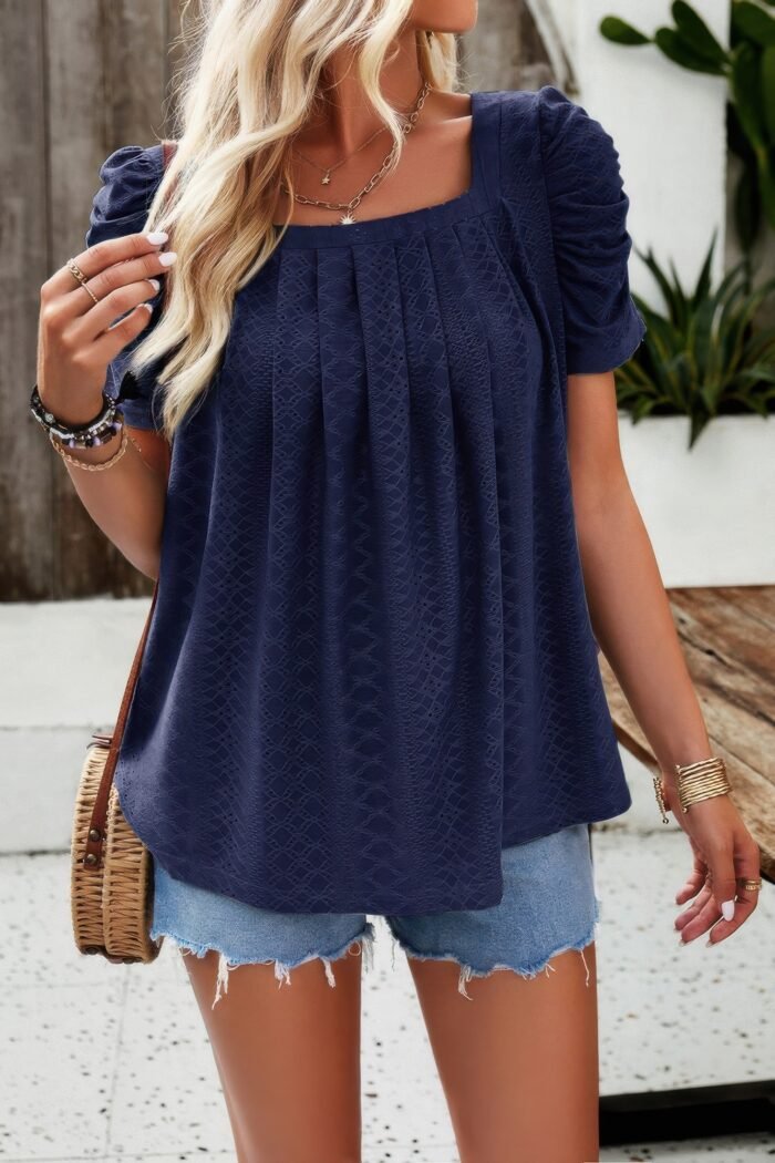 Square neck puff sleeve tunic tops eyelet shirt - image 6