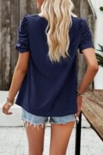 Square Neck Puff Sleeve Tunic Tops Eyelet Shirt - Image 8