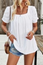 Square Neck Puff Sleeve Tunic Tops Eyelet Shirt - Image 9
