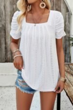 Square Neck Puff Sleeve Tunic Tops Eyelet Shirt - Image 10