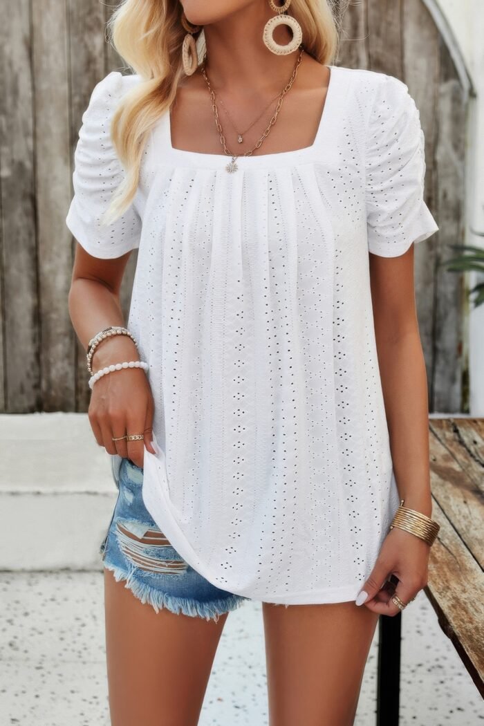 Square neck puff sleeve tunic tops eyelet shirt - image 10