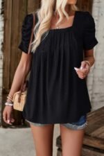 Square Neck Puff Sleeve Tunic Tops Eyelet Shirt - Image 11