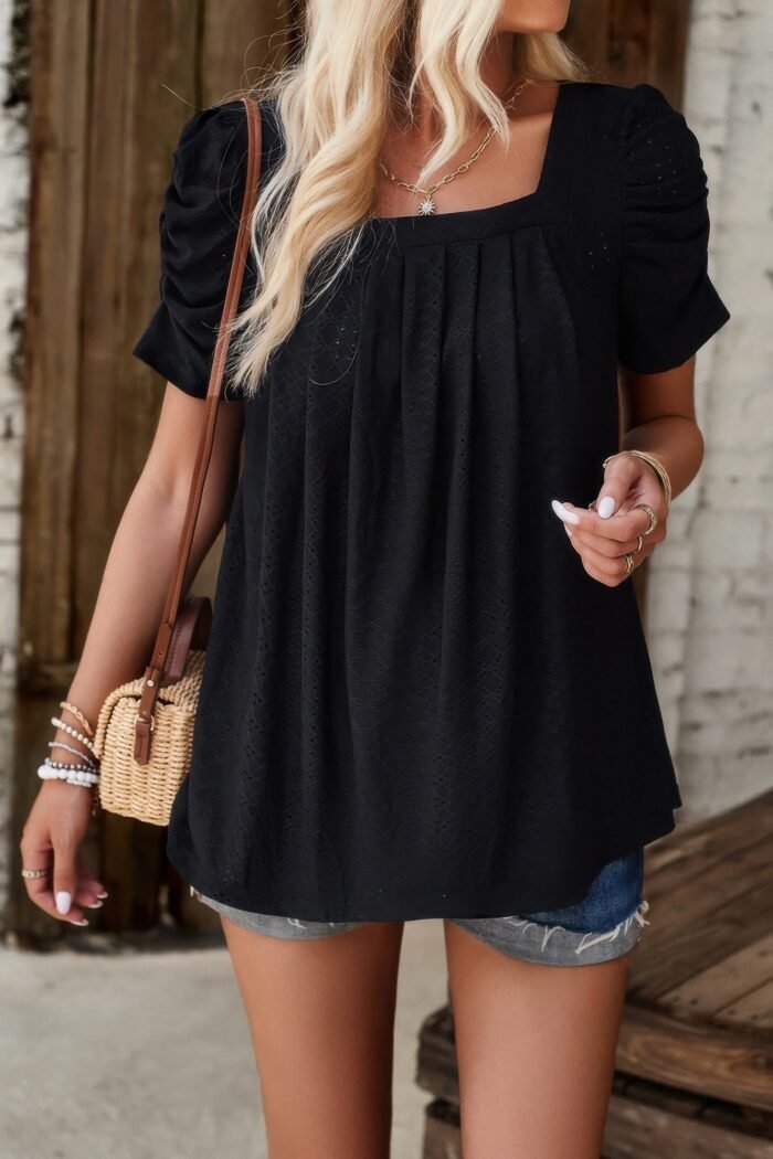 Square neck puff sleeve tunic tops eyelet shirt - image 11