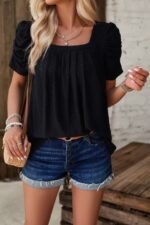 Square Neck Puff Sleeve Tunic Tops Eyelet Shirt - Image 12