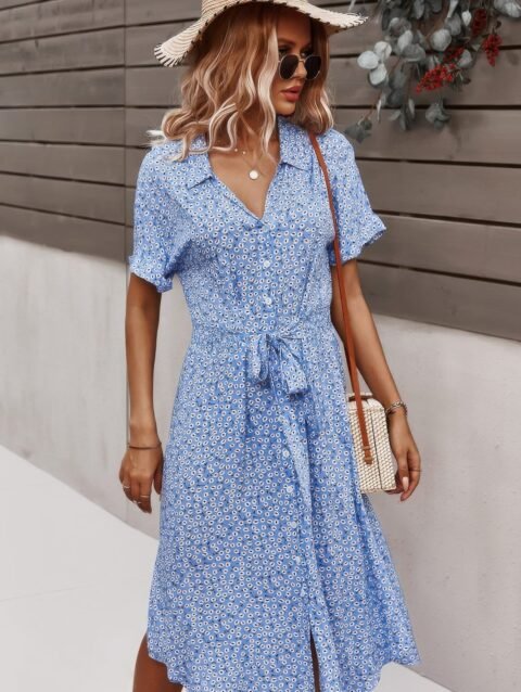 Floral V Neck Short Sleeve Dress