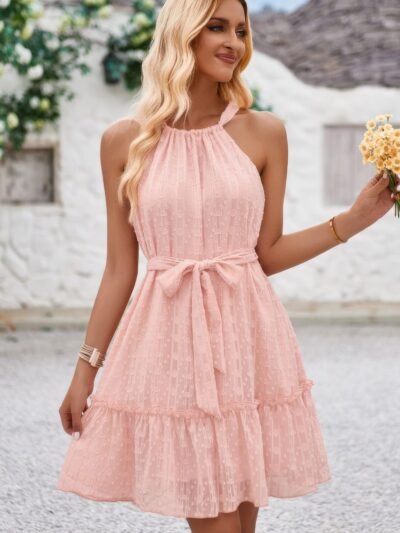 Solid Halter Neck Sleeveless Waist Tie Ruffle Dres