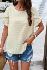 Crewneck Chiffon Polka Dot Ruffle Short Sleeved To