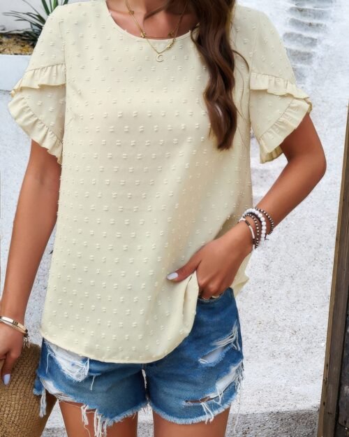 crewneck chiffon polka dot ruffle short sleeved to