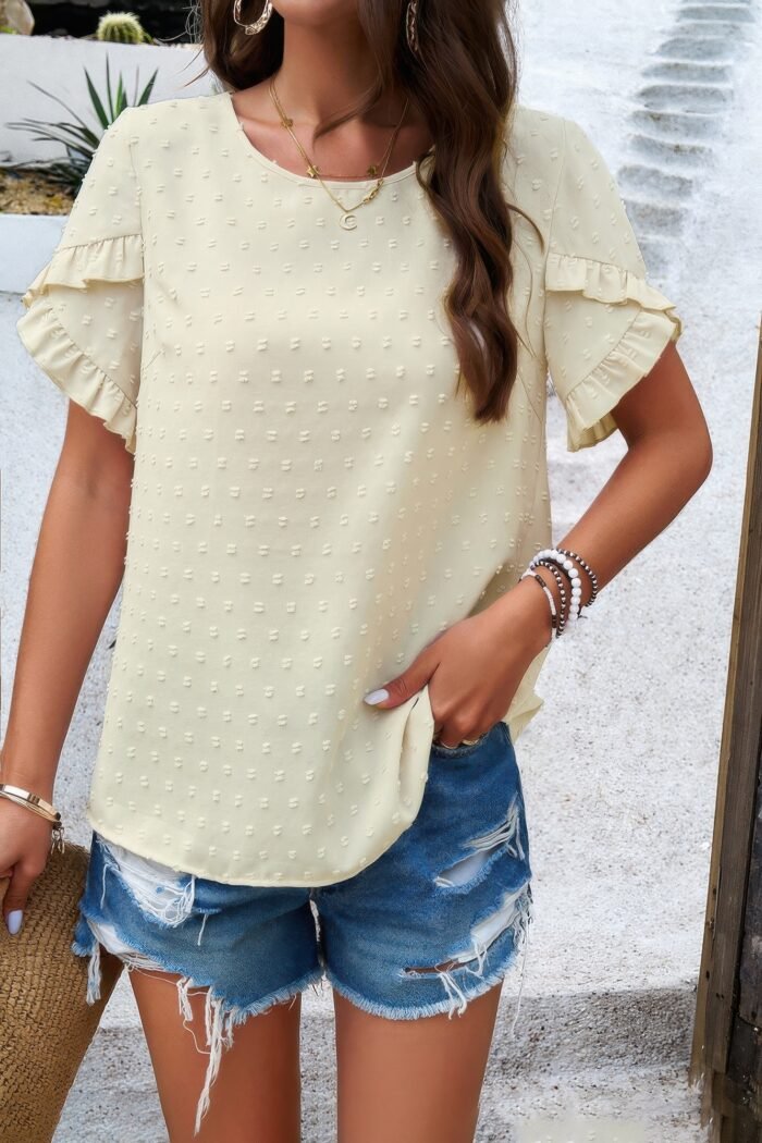 Crewneck chiffon polka dot ruffle short sleeved to - image 1