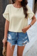 Crewneck Chiffon Polka Dot Ruffle Short Sleeved To