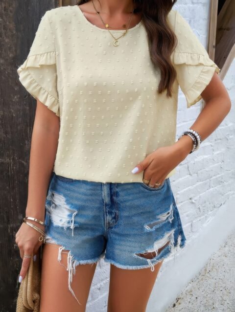 Crewneck Chiffon Polka Dot Ruffle Short Sleeved To