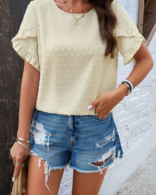 crewneck chiffon polka dot ruffle short sleeved to