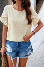 Crewneck Chiffon Polka Dot Ruffle Short Sleeved To