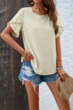 Crewneck Chiffon Polka Dot Ruffle Short Sleeved To