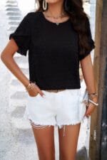 Crewneck Chiffon Polka Dot Ruffle Short Sleeved To