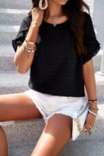 Crewneck Chiffon Polka Dot Ruffle Short Sleeved To