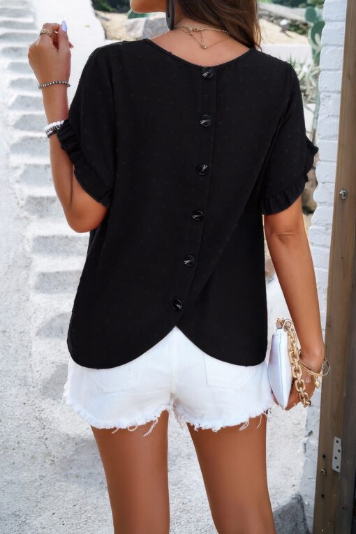 Crewneck Chiffon Polka Dot Ruffle Short Sleeved To - Image 9