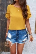 Crewneck Chiffon Polka Dot Ruffle Short Sleeved To