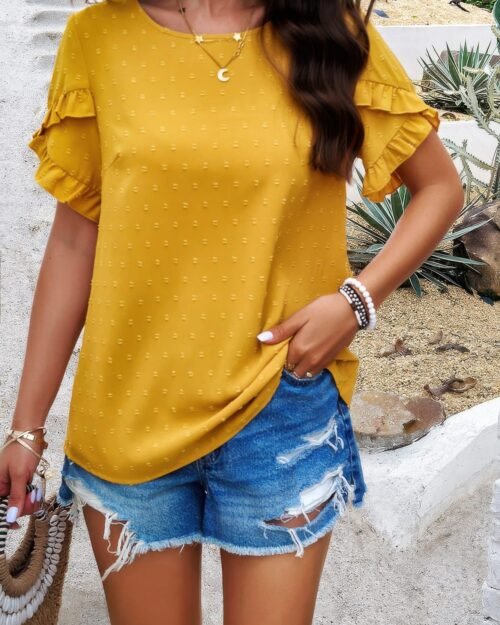 crewneck chiffon polka dot ruffle short sleeved to