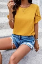 Crewneck Chiffon Polka Dot Ruffle Short Sleeved To