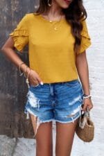 Crewneck Chiffon Polka Dot Ruffle Short Sleeved To