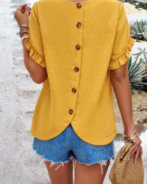 crewneck chiffon polka dot ruffle short sleeved to