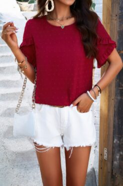 Crewneck Chiffon Polka Dot Ruffle Short Sleeved To