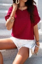 Crewneck Chiffon Polka Dot Ruffle Short Sleeved To