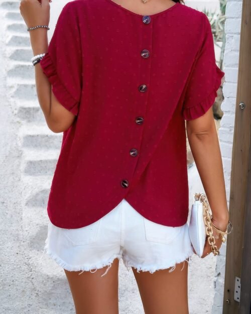 crewneck chiffon polka dot ruffle short sleeved to