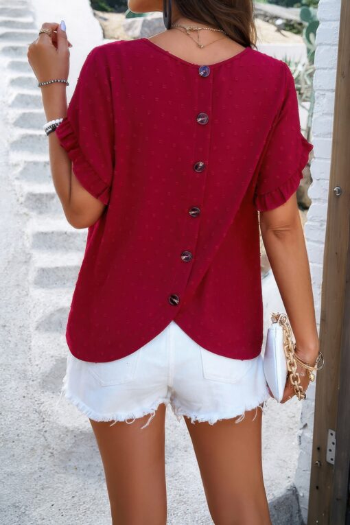 Crewneck Chiffon Polka Dot Ruffle Short Sleeved To - Image 23