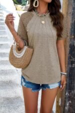 Pure Color Hollow Out Sleeve Round Neck T Shirt