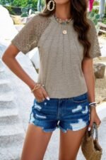 Pure Color Hollow Out Sleeve Round Neck T Shirt - Image 2