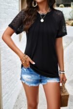 Pure Color Hollow Out Sleeve Round Neck T Shirt - Image 6