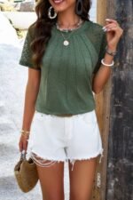 Pure Color Hollow Out Sleeve Round Neck T Shirt - Image 8
