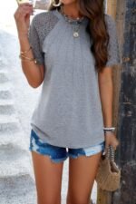 Pure Color Hollow Out Sleeve Round Neck T Shirt - Image 10
