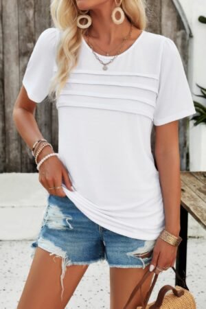 Crew Neck Short Sleeve Pleated Elegant Tee T Shirt Crew Neck Short Sleeve Pleated Elegant Tee T Shirt