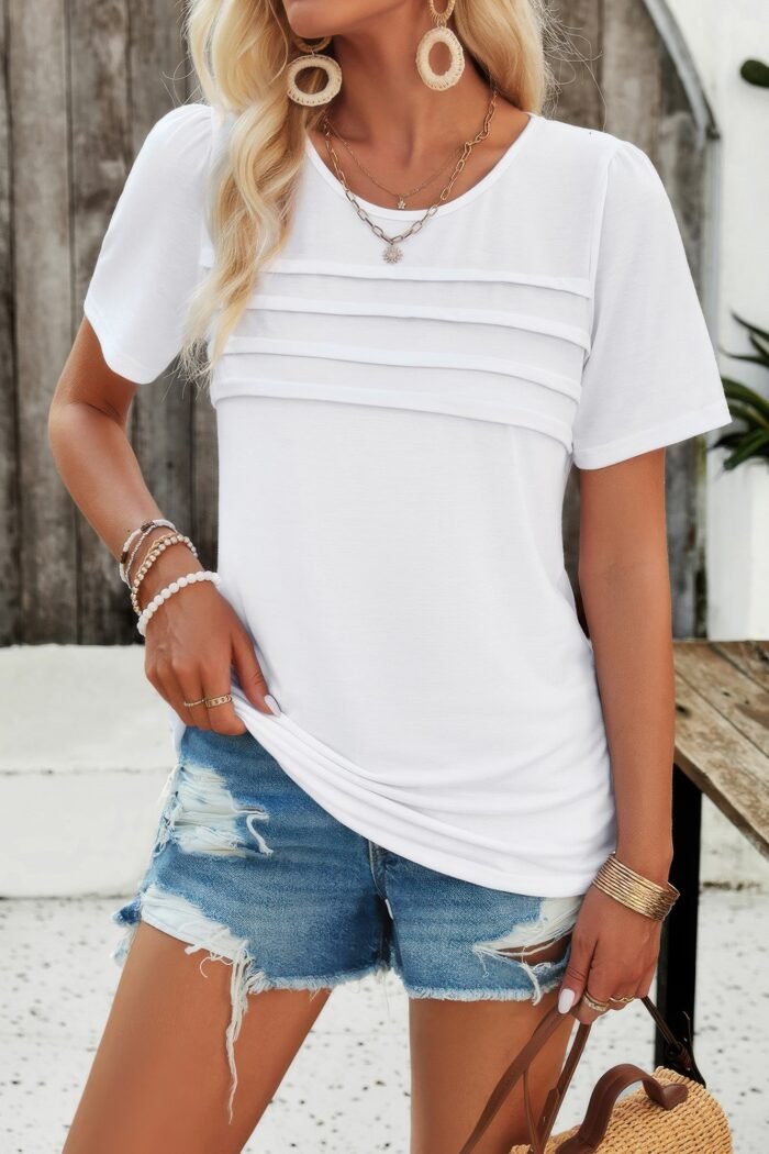 Crew neck short sleeve pleated elegant tee t shirt