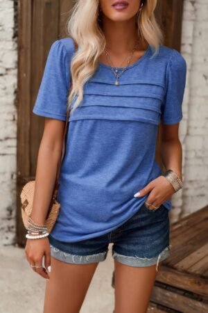 Crew Neck Short Sleeve Pleated Elegant Tee T Shirt Crew Neck Short Sleeve Pleated Elegant Tee T Shirt