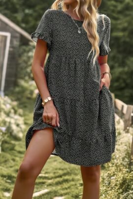 Floral Polka Dots Boat Neck Loose A Line Midi Dres