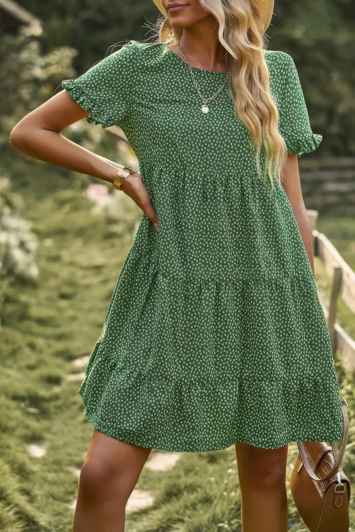 Floral polka dots boat neck loose a line midi dres